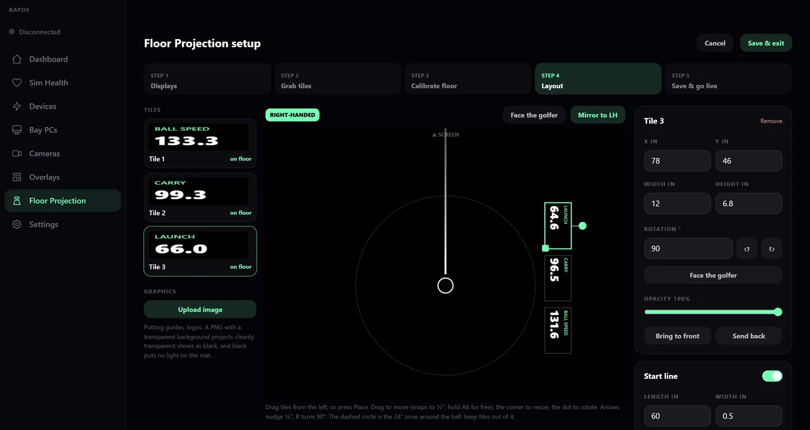 The real BayOS Launcher floor projection layout: ball speed, carry and launch tiles turned to face the golfer, the start line, the ball marker and the 24-inch zone around the ball