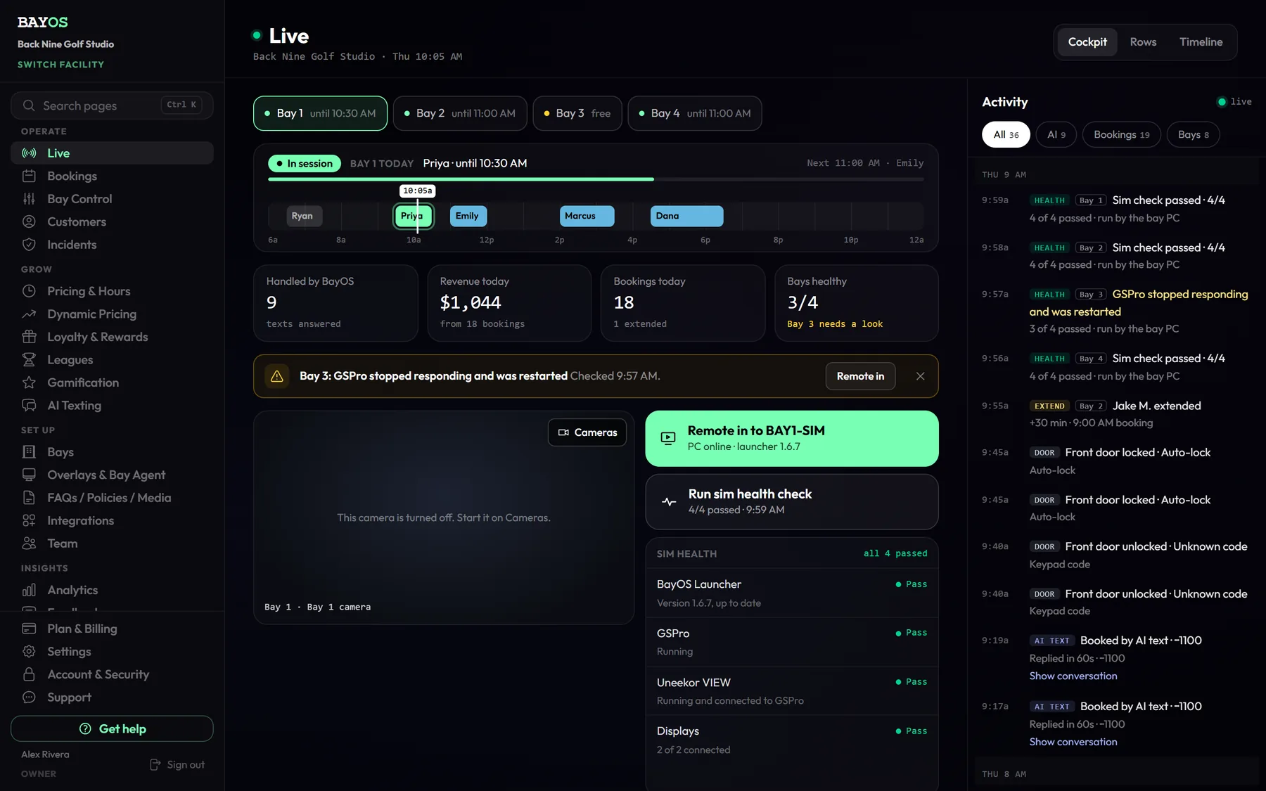 The real BayOS Live page: bay timeline, today's stats, a sim health alert, the bay camera, sim health checks and the live activity feed